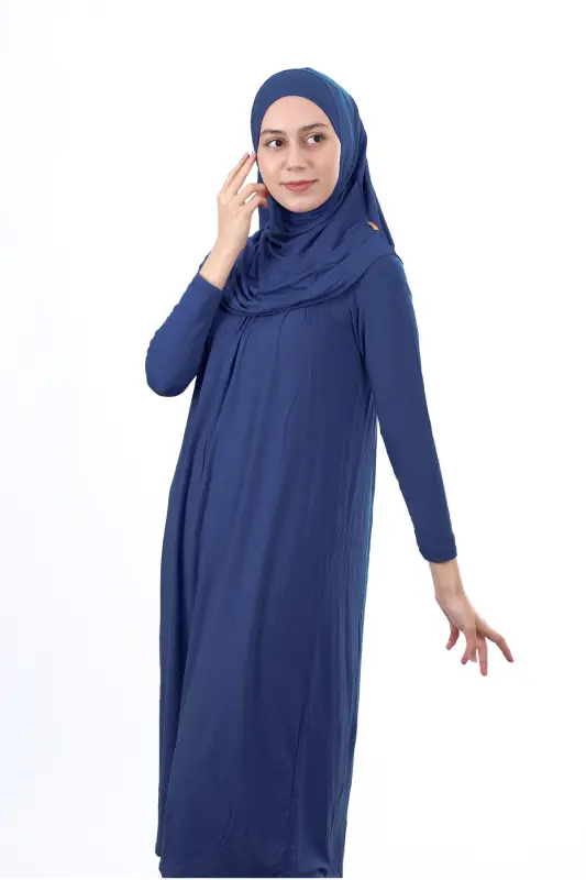 Waiter Boy 12-15 Age Navy Blue Self-Scarf One Piece Women's Prayer Dress-Navy Blue - 2