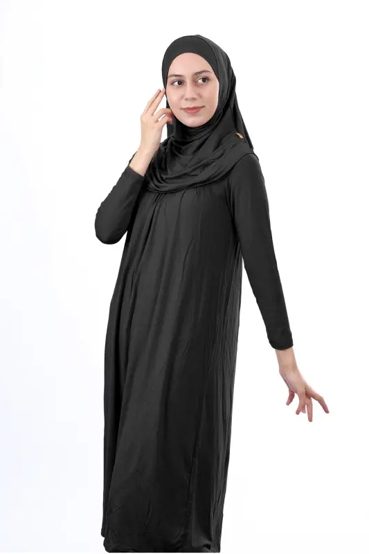 Waiter Boy 12-15 Years Black Self-Hijab One Piece Women's Prayer Dress-Black - 2