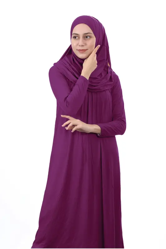 Waiter Boy 12-15 Years Plum One Piece Women's Prayer Dress with Hijab-Plum - 3