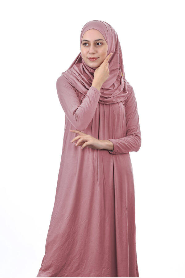 Waitress Boy 12-15 Years Pink Integrated Headscarf One Piece Women's Prayer Dress - 3