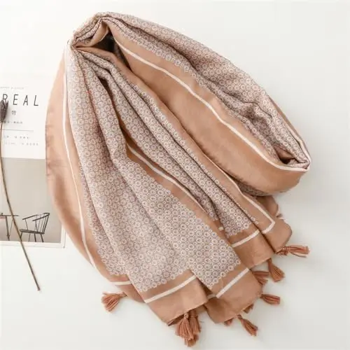 WaJuemy Travel Boho Scarf for Women Casual Lightweight PasModazoneina Scarves Fashion Multicolor Shawl Wraps with Fringed Beads - WAJUEMY (1)