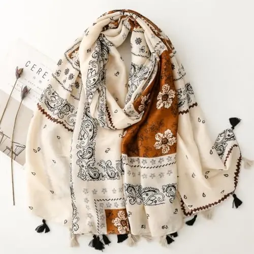 WaJuemy Travel Boho Scarf for Women Casual Lightweight PasModazoneina Scarves Fashion Multicolor Shawl Wraps with Fringed Beads - WAJUEMY (1)