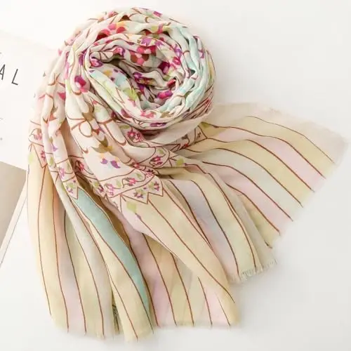 WaJuemy Travel Boho Scarf for Women Casual Lightweight PasModazoneina Scarves Fashion Multicolor Shawl Wraps with Fringed Beads - WAJUEMY (1)