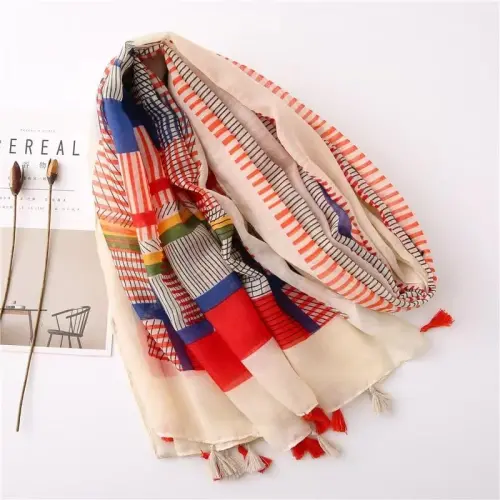 WaJuemy Travel Boho Scarf for Women Casual Lightweight PasModazoneina Scarves Fashion Multicolor Shawl Wraps with Fringed Beads - WAJUEMY (1)