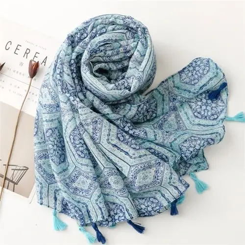 WaJuemy Travel Boho Scarf for Women Casual Lightweight PasModazoneina Scarves Fashion Multicolor Shawl Wraps with Fringed Beads - 5
