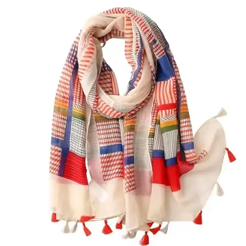 WaJuemy Travel Boho Scarf for Women Casual Lightweight PasModazoneina Scarves Fashion Multicolor Shawl Wraps with Fringed Beads - WAJUEMY