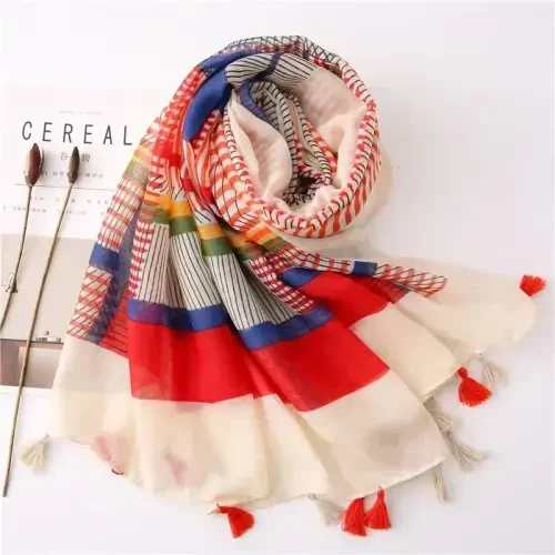 WaJuemy Travel Boho Scarf for Women Casual Lightweight PasModazoneina Scarves Fashion Multicolor Shawl Wraps with Fringed Beads - 3