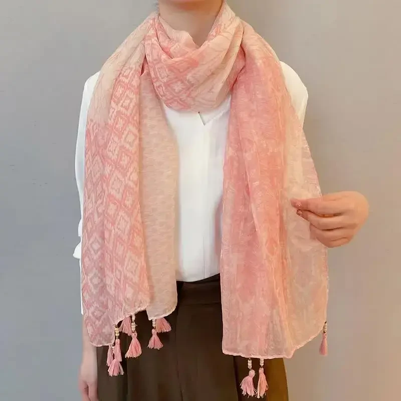 WaJuemy Travel Boho Scarf for Women Casual Lightweight PasModazoneina Scarves Fashion Multicolor Shawl Wraps with Fringed Beads - 3