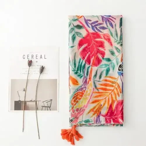 WaJuemy Travel Boho Scarf for Women Casual Lightweight PasModazoneina Scarves Fashion Multicolor Shawl Wraps with Fringed Beads - 5