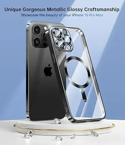 Waldeng for iPhone 15 Pro Max Case with Integrated Camera Lens Protection, [Seamless Work with Magsafe] [Metallic Glossy Soft Bumper], Diamond Clear Stylish Case for iPhone 15 ProMax, Black Titanium - 3