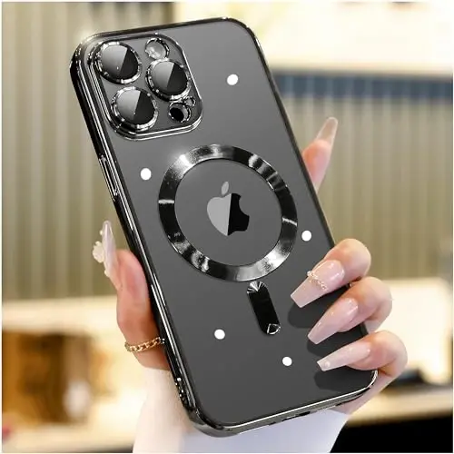 Waldeng for iPhone 15 Pro Max Case with Integrated Camera Lens Protection, [Seamless Work with Magsafe] [Metallic Glossy Soft Bumper], Diamond Clear Stylish Case for iPhone 15 ProMax, Black Titanium - WALDENG