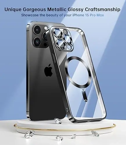 Waldeng for iPhone 15 Pro Max Case with Integrated Camera Lens Protection, [Seamless Work with Magsafe] [Metallic Glossy Soft Bumper], Diamond Clear Stylish Case for iPhone 15 ProMax, Black Titanium - 3