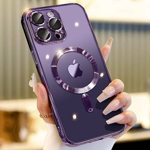 Waldeng for iPhone 15 Pro Max Case with Integrated Camera Lens Protection, [Seamless Work with Magsafe] [Metallic Glossy Soft Bumper], Diamond Clear Stylish Case for iPhone 15 Pro Max, Purple Titanium - 1