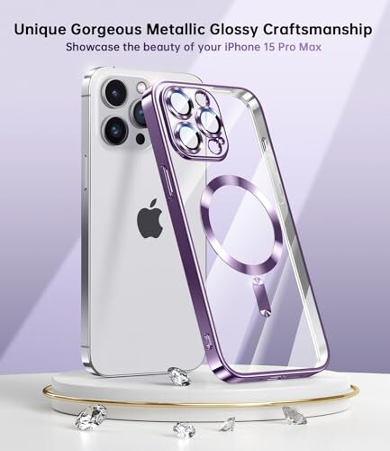 Waldeng for iPhone 15 Pro Max Case with Integrated Camera Lens Protection, [Seamless Work with Magsafe] [Metallic Glossy Soft Bumper], Diamond Clear Stylish Case for iPhone 15 Pro Max, Purple Titanium - 3
