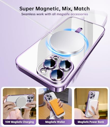 Waldeng for iPhone 15 Pro Max Case with Integrated Camera Lens Protection, [Seamless Work with Magsafe] [Metallic Glossy Soft Bumper], Diamond Clear Stylish Case for iPhone 15 Pro Max, Purple Titanium - 5