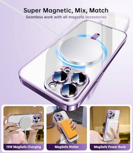 Waldeng for iPhone 15 Pro Max Case with Integrated Camera Lens Protection, [Seamless Work with Magsafe] [Metallic Glossy Soft Bumper], Diamond Clear Stylish Case for iPhone 15 Pro Max, Purple Titanium - 5