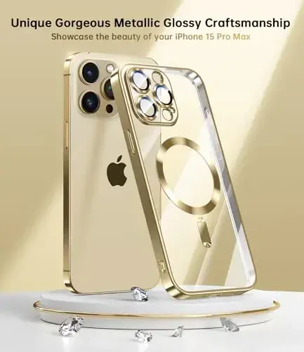 Waldeng iPhone 15 Pro Max uchun g‘ilof, o‘rnatilgan kamera linzalari himoyasi, [Magsafe bilan uzluksiz ishlaydi] [Metall yaltiroq yumshoq bamper], iPhone 15 ProMax uchun olmosdek tiniq zamonaviy g‘ilof, oltin titan - 3