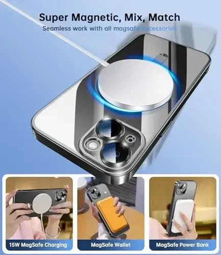 Waldeng iPhone 15 uchun g'ilof, o'rnatilgan kamera linzalari himoyachisi bilan, [MagSafe bilan mos keladi] [Original iPhone tashqi ko'rinishi], iPhone 15 uchun tiniq shaffof zamonaviy g'ilof 6.1 dyuym, qora titanium - 5