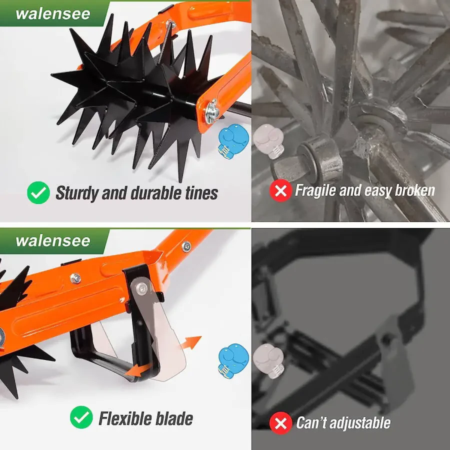 Walensee Rotary Cultivator Tool, Adjustable Garden Hand Tiller with Stainless Steel Pole, 2-in-1 Garden Weeder and Crumbler Soil Cultivator Tool with Weeding Knife for Soil Mixing or Reseeding Grass - 4