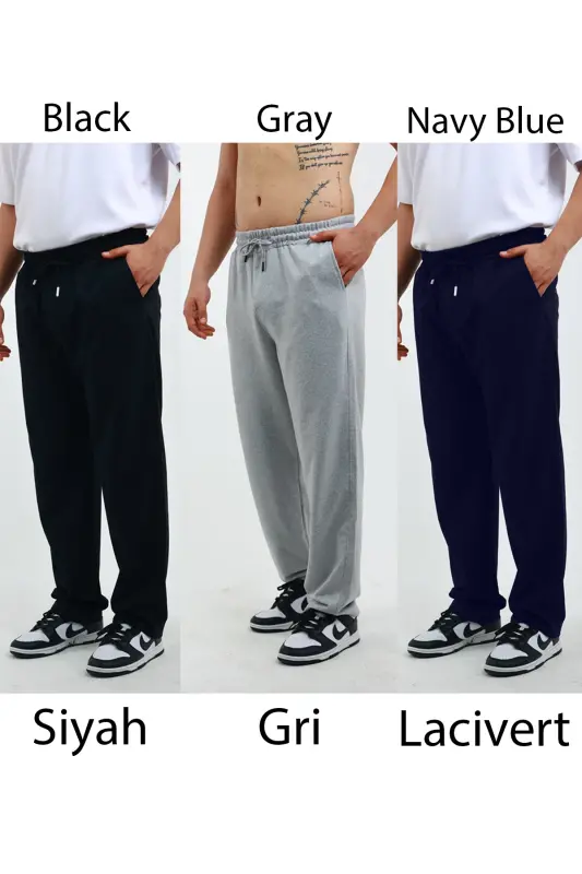 Walker Baggy 3'lü Oversize Спортивные Штаны Широкие 2 Нити Средней Толщины Длинные (ОРИГИНАЛЬНЫЙ ФАСОН)-ЧерныйСерыйСиний - OXVİN