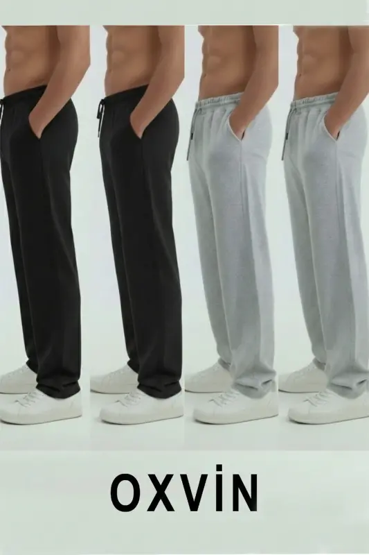 Walker Baggy 4'lü Set ( 2 SİYAH - 2 GRİ ) Oversize Eşofman Altı Bol Paça 2iplik Uzun Orta Kalınlıkta-Çok Renkli - OXVİN