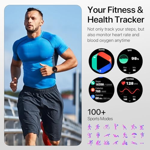 WalkerFit Slim Smart Watches - Dumaloq Smart Watch Qilish/Javob Berish Su o'tkazmaydigan Fitness Soati Pedometr, Qon Bosimi Yurak Urishi Monitori bilan (Qora, Universal, 128 MB, Qora) - 4