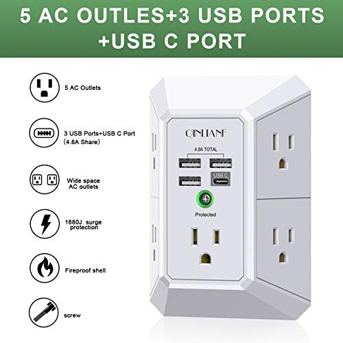 Wall Charger, Surge Protector, QINLIANF 5 Outlet Extender with 4 USB Charging Ports (4.8A Total) 3-Sided 1680J Power Strip Multi Plug Adapter Spaced for Home Travel Office (3U1C) - 2