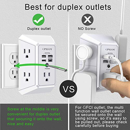 Wall Charger, Surge Protector, QINLIANF 5 Outlet Extender with 4 USB Charging Ports (4.8A Total) 3-Sided 1680J Power Strip Multi Plug Adapter Spaced for Home Travel Office (3U1C) - 5