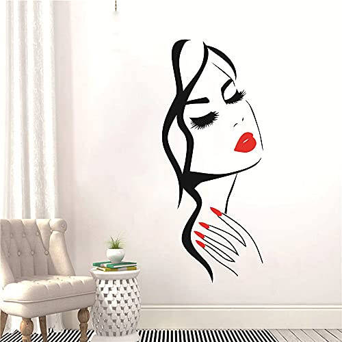 Wall Decal Beauty Salon Manicure Nail Salon Wall Art Sticker Beautiful Girl Face Lips Home Decor Stickers Barber Shop Hairstyle Decoration Wall Mural M-73 (Black+ fire red lips, 40X90CM) - 1