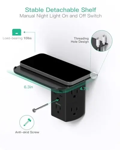 Wall Outlet Extender with Shelf and Night Light, Surge Protector, USB Wall Charger with 5 AC Outlets and 2 USB A Ports 2 USB C Ports Wide Space 3-Sided Power Strip Multi Plug Outlets, Black - 5