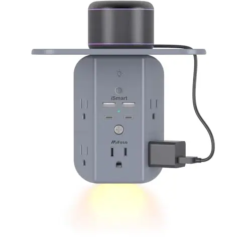 Wall Outlet Extender with Shelf and Night Light, Surge Protector, USB Wall Charger with 5 AC Outlets and 2 USB A Ports 2 USB C Ports Wide Space 3-Sided Power Strip Multi Plug Outlets, Gray 