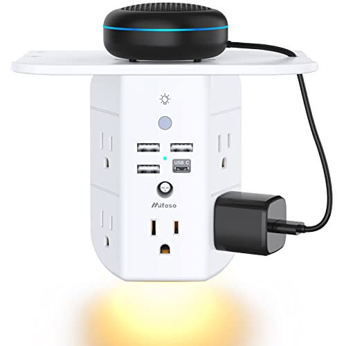Wall Outlet Extender with Shelf and Night Light, Surge Protector, USB Wall Charger with 5 AC Outlets and 3 USB Ports 1 USB C Outlet Wide Space 3-Sided Power Strip Multi Plug Outlets... 