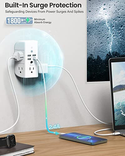 Wall Outlet Extender with Shelf and Night Light, Surge Protector, USB Wall Charger with 5 AC Outlets and 3 USB Ports 1 USB C Outlet Wide Space 3-Sided Power Strip Multi Plug Outlets... - 4