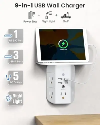 Wall Outlet Extender with Shelf and Night Light, Surge Protector, USB Wall Charger with 5 AC Outlets and 3 USB Ports 1 USB C Outlet Wide Space 3-Sided Power Strip Multi Plug Outlets... - 2