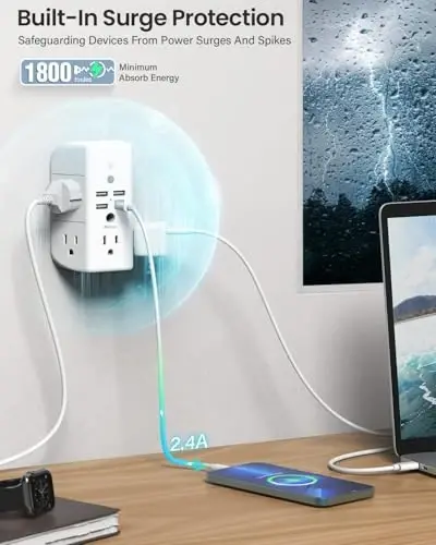 Wall Outlet Extender with Shelf and Night Light, Surge Protector, USB Wall Charger with 5 AC Outlets and 3 USB Ports 1 USB C Outlet Wide Space 3-Sided Power Strip Multi Plug Outlets... - 6
