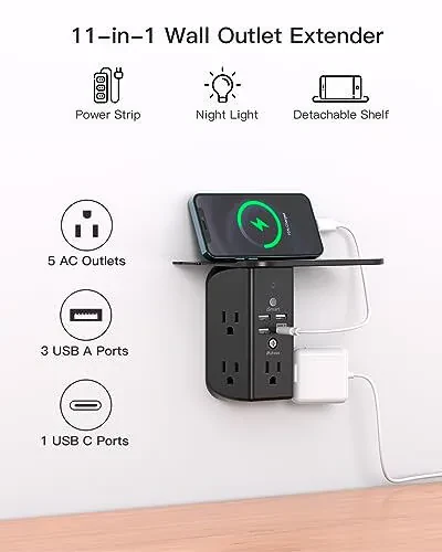 Wall Outlet Extender with Shelf and Night Light, Surge Protector, USB Wall Charger with 5 USB Outlets and 3 USB Ports 1 USB C Outlet - Mifaso (1)