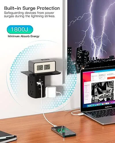 Wall Outlet Extender with Shelf and Night Light, Surge Protector, USB Wall Charger with 5 USB Outlets and 3 USB Ports 1 USB C Outlet - 5