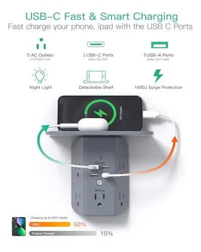 Wall Outlet Extender with Shelf and Night Light,Surge Protector,USB Wall Charger with 5 AC Outlets and 3 USB A Ports 1 USB C Outlet Wide Space 3-Sided Power Strip Multi Plug Outlets, Gray - 2