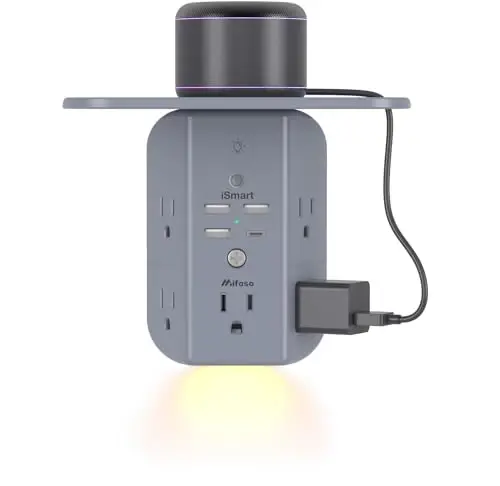 Wall Outlet Extender with Shelf and Night Light,Surge Protector,USB Wall Charger with 5 AC Outlets and 3 USB A Ports 1 USB C Outlet Wide Space 3-Sided Power Strip Multi Plug Outlets, Gray 