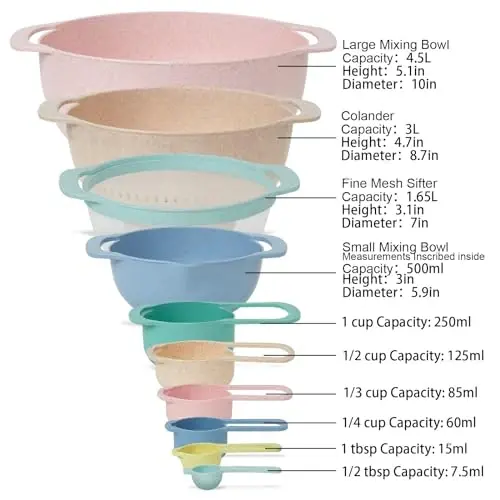Walpck 10 Pcs Plastic Mixing Bowls Set with Measuring Spoon, Colorful Serving Bowls for Kitchen, Ideal for Baking, Prepping, Nesting Bowls for Space Saving Storage - 1