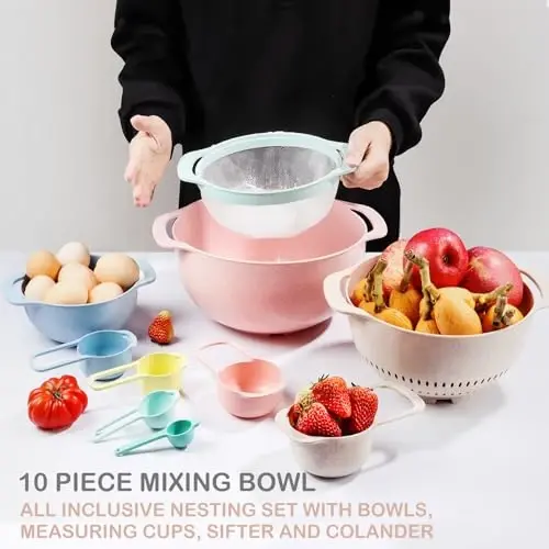 Walpck 10 Pcs Plastic Mixing Bowls Set with Measuring Spoon, Colorful Serving Bowls for Kitchen, Ideal for Baking, Prepping, Nesting Bowls for Space Saving Storage - 6