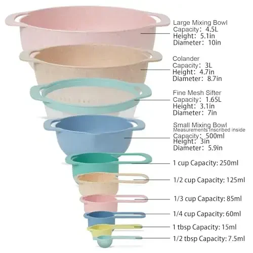 Walpck 10 Pcs Plastic Mixing Bowls Set with Measuring Spoon, Colorful Serving Bowls for Kitchen, Ideal for Baking, Prepping, Nesting Bowls for Space Saving Storage - Comforniture