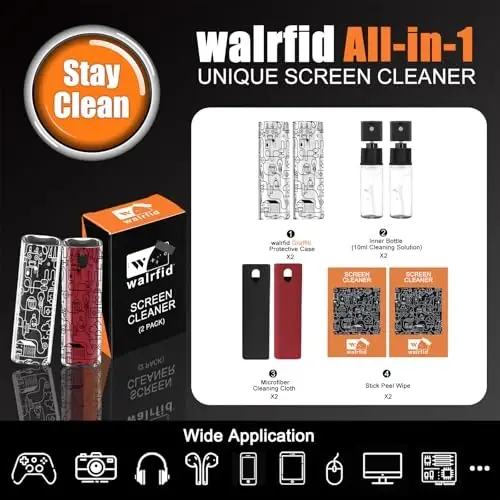 walrfid 2 Pack Car Screen Cleaner, Computer Screen Cleaner Spray and Wipe, Laptop Cleaning Mist Kit for Electronic iPad, iPhone, Phone, MacBook, TV, Car Monitor Display, with Graffiti Case, Black Red - 2