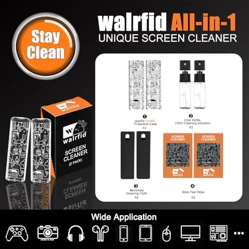 walrfid 2 Pack Car Screen Cleaner, Computer Screen Cleaner Spray and Wipe, Laptop Cleaning Mist Kit for Electronic iPad, iPhone, Phone, MacBook, TV, Monitor, Tablet Display, with Graffiti Case, Black - 2