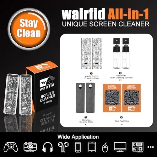 walrfid 2pcs Car Screen Cleaner, Computer Screen Cleaner Spray and Wipe, Laptop Cleaning Mist Kit for Electronic iPad, iPhone, Phone, MacBook, TV, Monitor, Tablet Display, with Graffiti Case, Grey - 2
