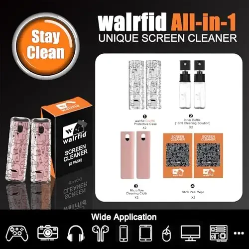 walrfid 2pcs Car Screen Cleaner, Computer Screen Cleaner Spray and Wipe, Laptop Cleaning Mist Kit for Electronic iPad, iPhone, Phone, MacBook, TV, Monitor, Tablet Display, with Graffiti Case, Pink - 2