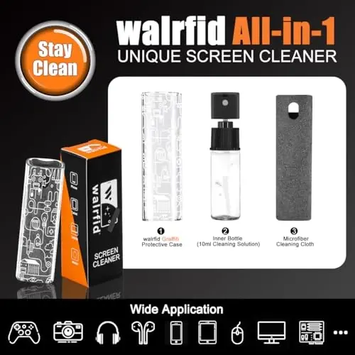walrfid Car Screen Cleaner Spray and Wipe, Laptop Touchscreen Mist Cleaning Kit for Electronics Computer, iPad, CellPhone, MacBook, TV, Monitor, Tablet, Kindle Display, with White Graffiti Case - Grey - WALRFID (1)