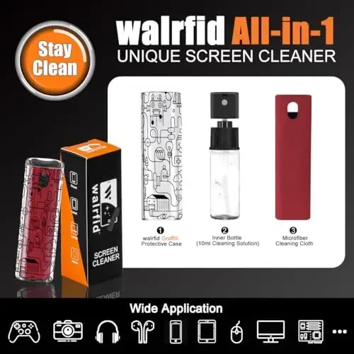 walrfid Car Screen Cleaner Spray and Wipe, Laptop Touchscreen Mist Cleaning Kit for Electronics Computer, iPad, Cellphone, MacBook, TV, Monitor, Tablet, Kindle Display, with Black Graffiti Case - Red - 2