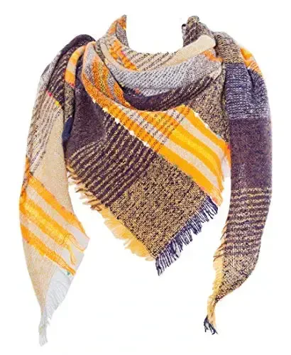 Wander Agio Womens Winter Scarfs Warm Scarf Half Shawls Triangle Scarves Stripe Plaid Yellow 03 