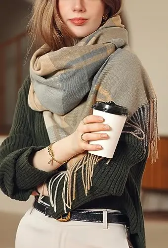 Wander Agio Women's Fashion Scarves Long CasModazoneere Like Shawl Winter Warm Knit Large Tassel Plaid Scarf - 2